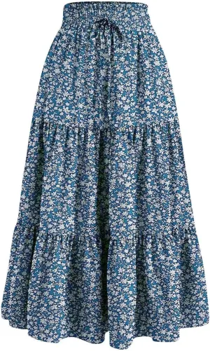 Floral Boho Skirts for Women Summer Casual Flowy Swing Tiered Long Skirt Elastic High Waisted Pleated Maxi Skirts