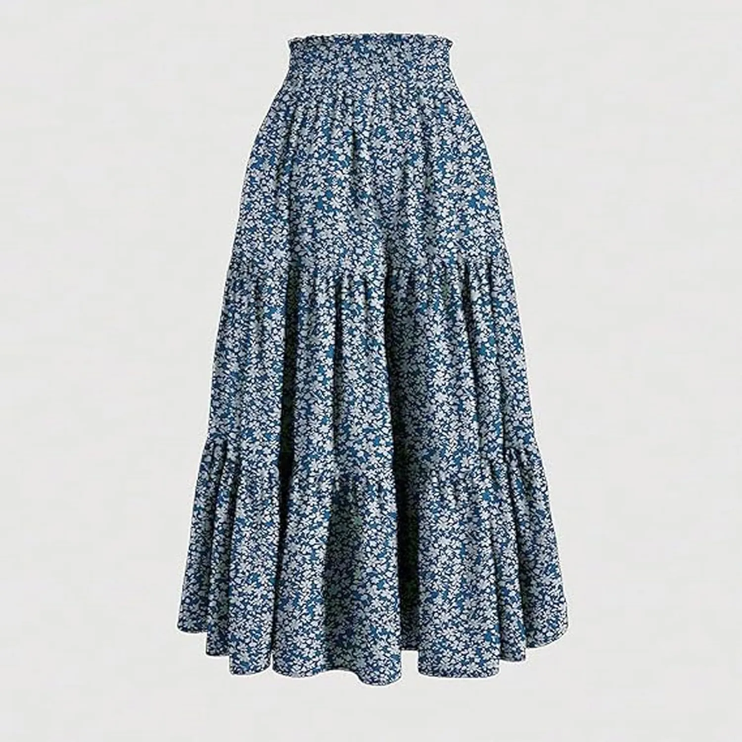 Floral Boho Skirts for Women Summer Casual Flowy Swing Tiered Long Skirt Elastic High Waisted Pleated Maxi Skirts