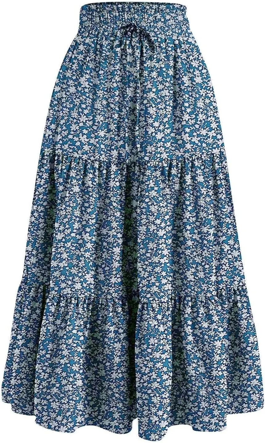 Floral Boho Skirts for Women Summer Casual Flowy Swing Tiered Long Skirt Elastic High Waisted Pleated Maxi Skirts
