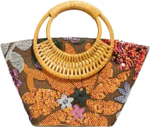 Floral Embroidery Sequin Beach Bag Women Macrame Basket Shoulder Tote Crossbody Purse Travel Beach Bag Summer Hobo Bags