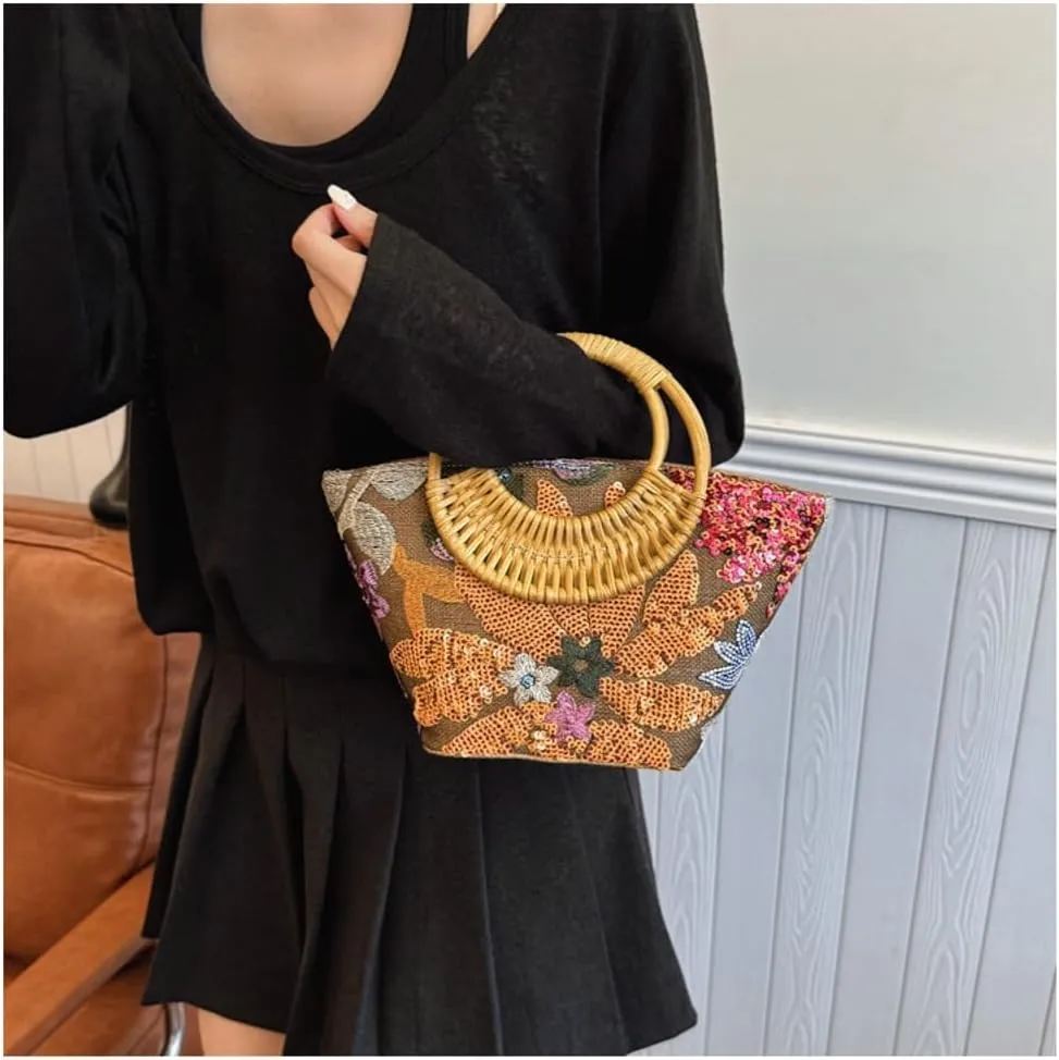 Floral Embroidery Sequin Beach Bag Women Macrame Basket Shoulder Tote Crossbody Purse Travel Beach Bag Summer Hobo Bags