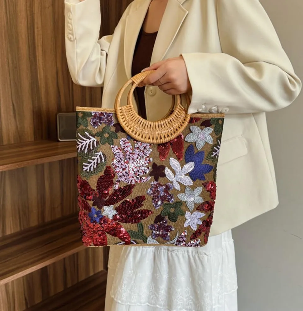 Floral Embroidery Sequin Beach Bag Women Macrame Basket Summer Travel Straw Bag Shoulder Crossbody Purse Tote Hobo Bags