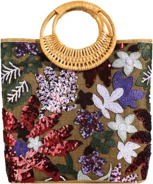 Floral Embroidery Sequin Beach Bag Women Macrame Basket Summer Travel Straw Bag Shoulder Crossbody Purse Tote Hobo Bags
