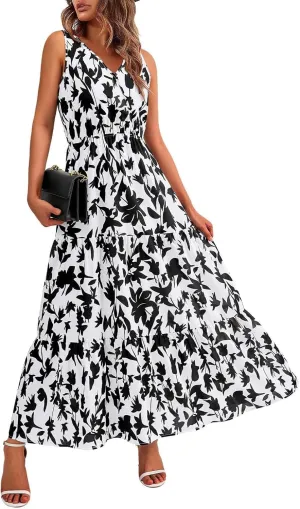 Floral Maxi Dresses for Women 2025 Flowy Sleeveless V Neck Wrap Dress Casual Summer Boho Beach Wedding Guest Dress