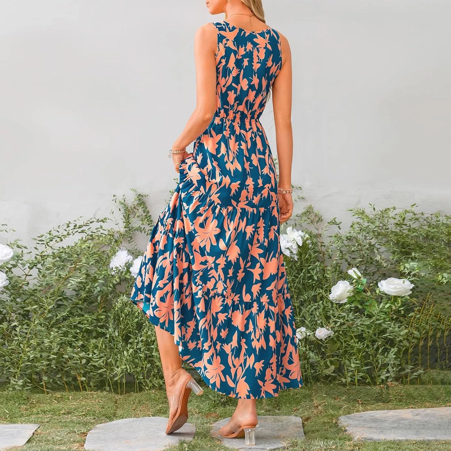 Floral Maxi Dresses for Women 2025 Flowy Sleeveless V Neck Wrap Dress Casual Summer Boho Beach Wedding Guest Dress