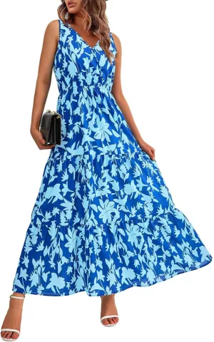 Floral Maxi Dresses for Women 2025 Flowy Sleeveless V Neck Wrap Dress Casual Summer Boho Beach Wedding Guest Dress