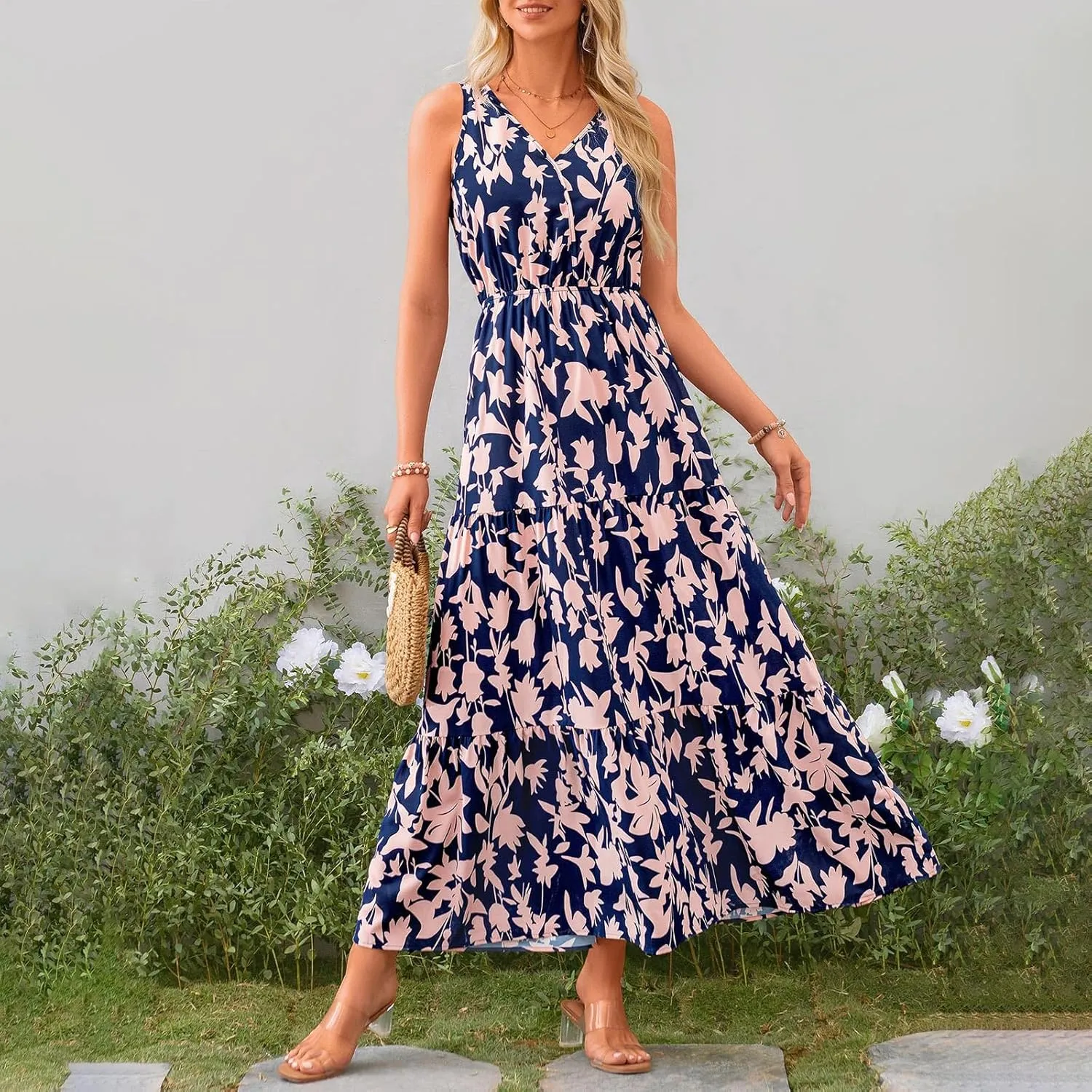 Floral Maxi Dresses for Women 2025 Flowy Sleeveless V Neck Wrap Dress Casual Summer Boho Beach Wedding Guest Dress