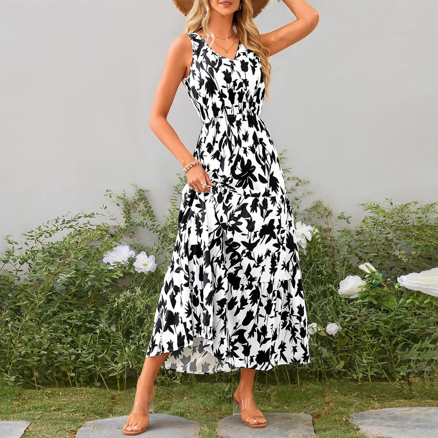 Floral Maxi Dresses for Women 2025 Flowy Sleeveless V Neck Wrap Dress Casual Summer Boho Beach Wedding Guest Dress