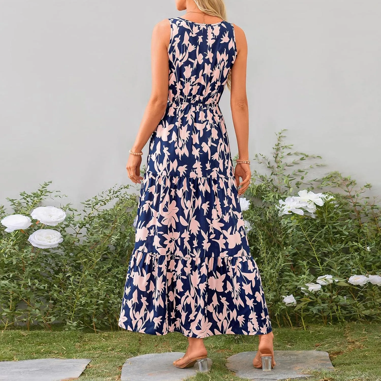 Floral Maxi Dresses for Women 2025 Flowy Sleeveless V Neck Wrap Dress Casual Summer Boho Beach Wedding Guest Dress