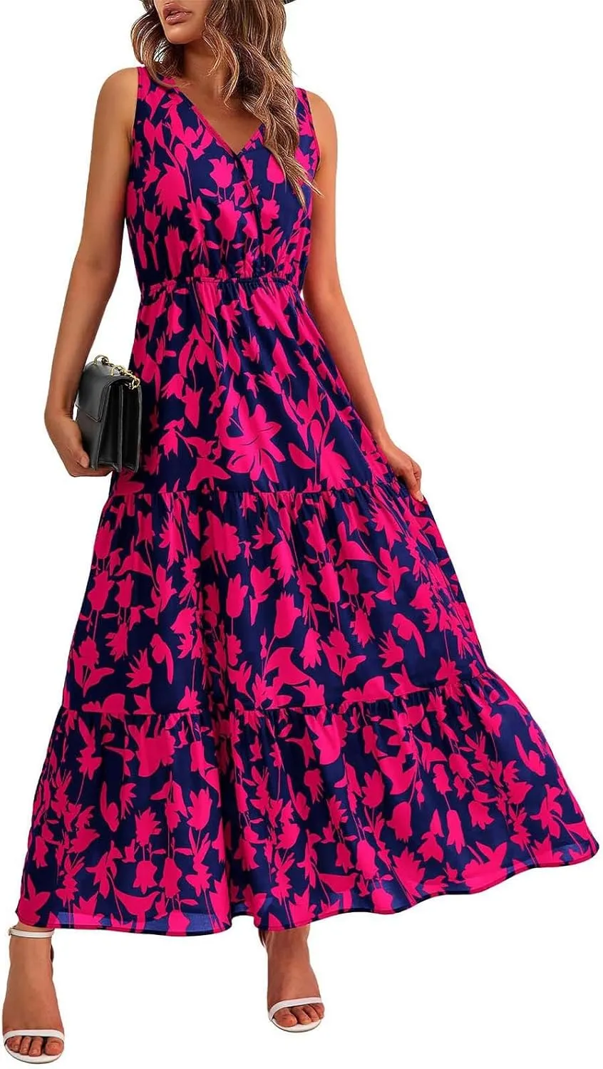 Floral Maxi Dresses for Women 2025 Flowy Sleeveless V Neck Wrap Dress Casual Summer Boho Beach Wedding Guest Dress
