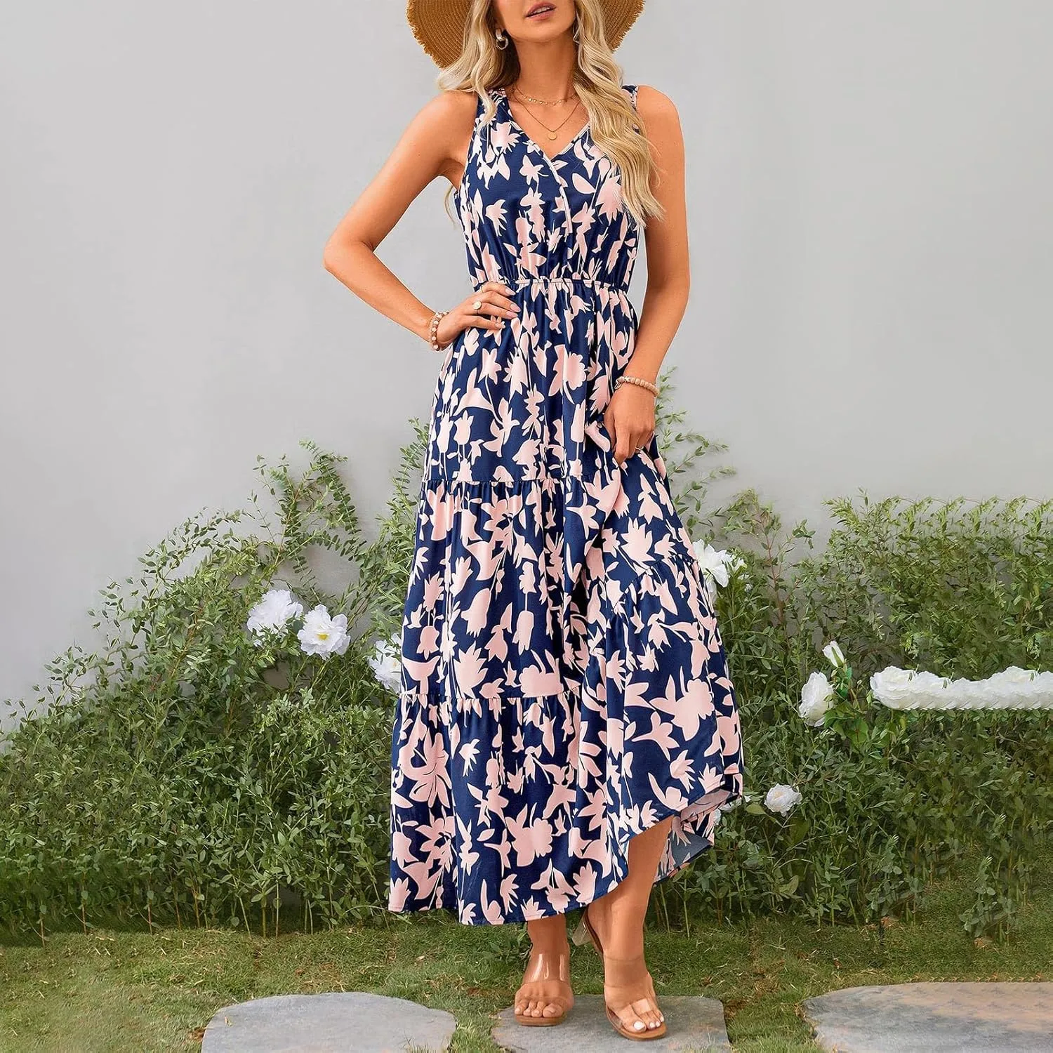 Floral Maxi Dresses for Women 2025 Flowy Sleeveless V Neck Wrap Dress Casual Summer Boho Beach Wedding Guest Dress