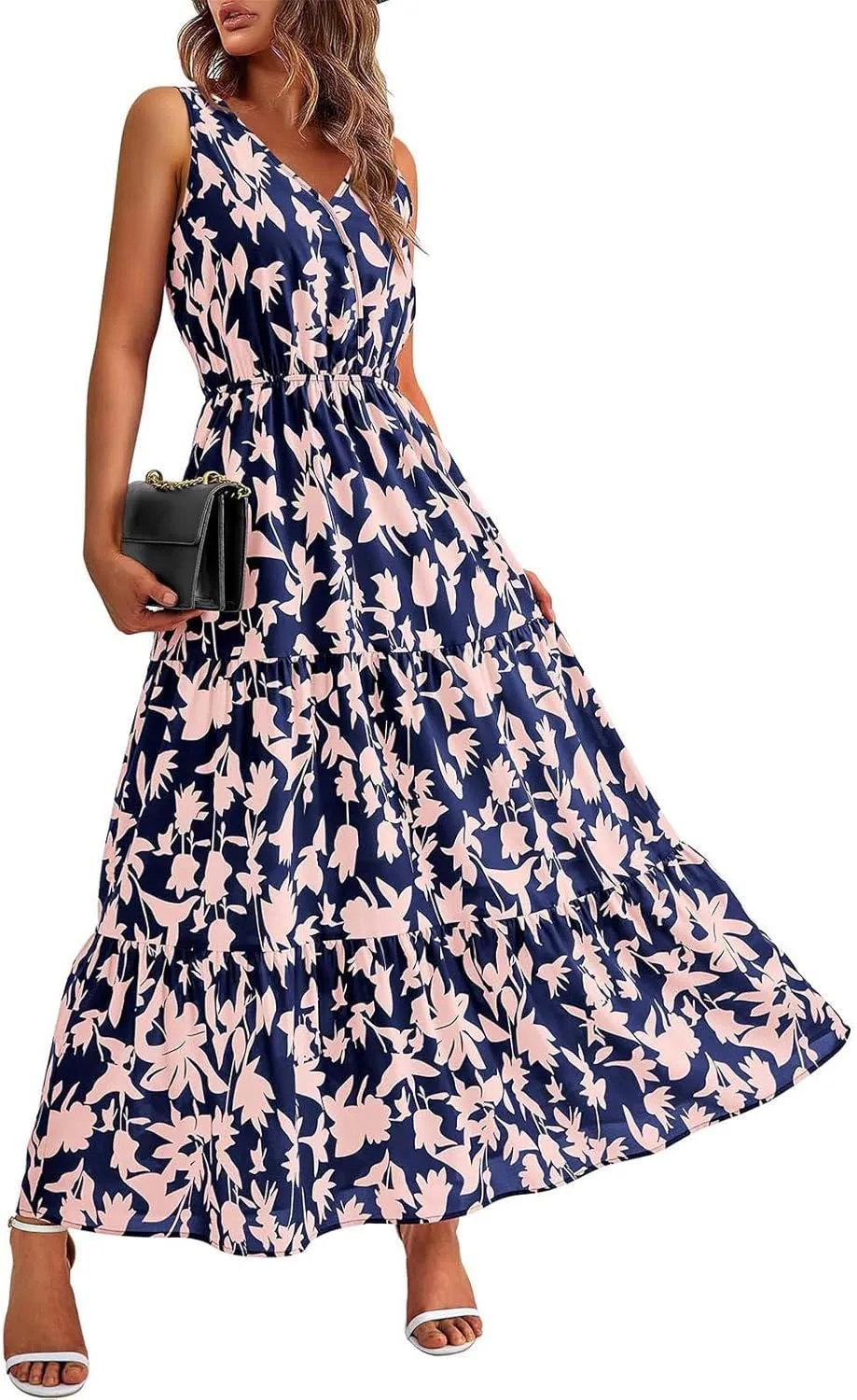 Floral Maxi Dresses for Women 2025 Flowy Sleeveless V Neck Wrap Dress Casual Summer Boho Beach Wedding Guest Dress
