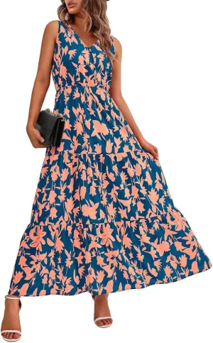 Floral Maxi Dresses for Women 2025 Flowy Sleeveless V Neck Wrap Dress Casual Summer Boho Beach Wedding Guest Dress