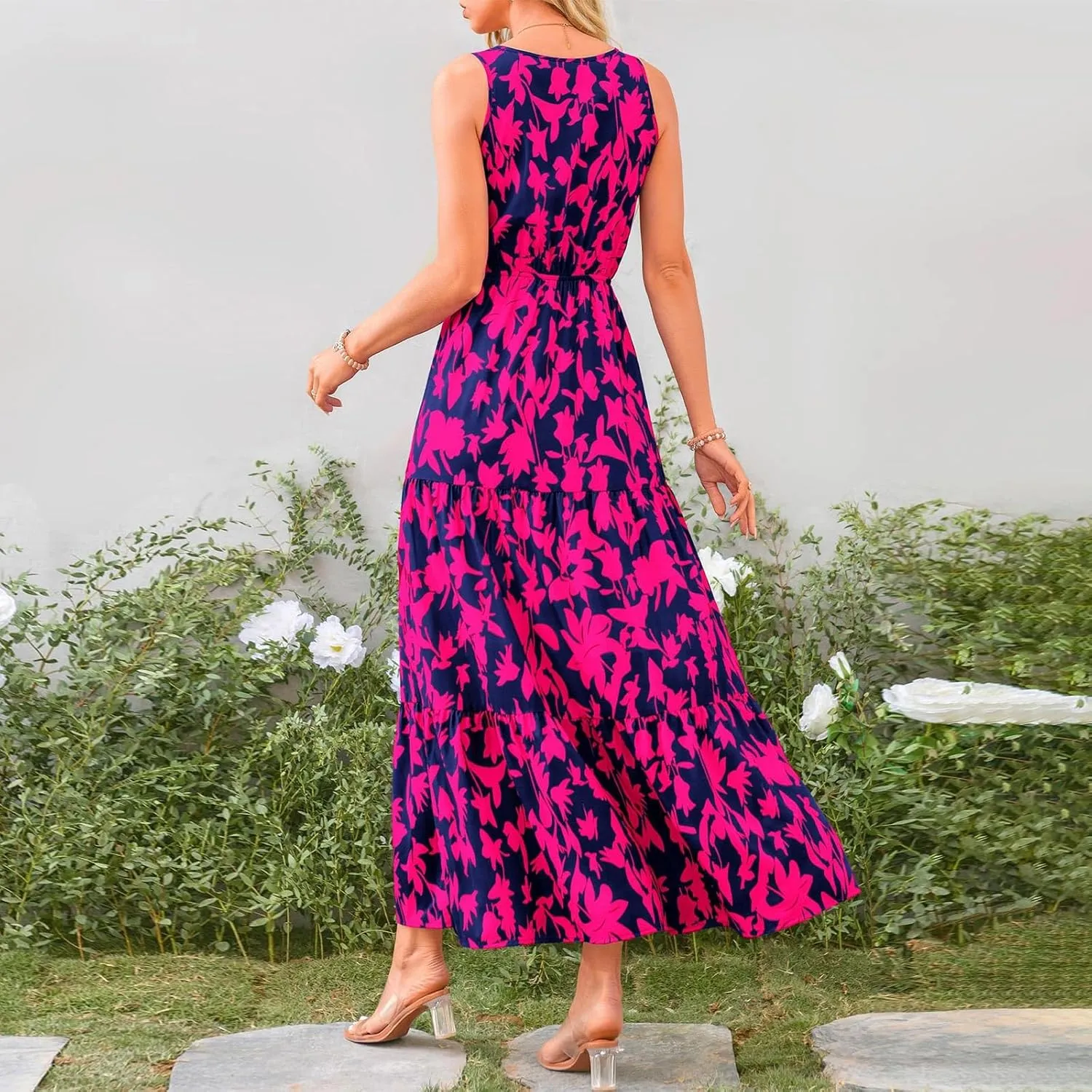 Floral Maxi Dresses for Women 2025 Flowy Sleeveless V Neck Wrap Dress Casual Summer Boho Beach Wedding Guest Dress