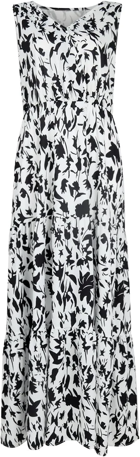 Floral Maxi Dresses for Women 2025 Flowy Sleeveless V Neck Wrap Dress Casual Summer Boho Beach Wedding Guest Dress