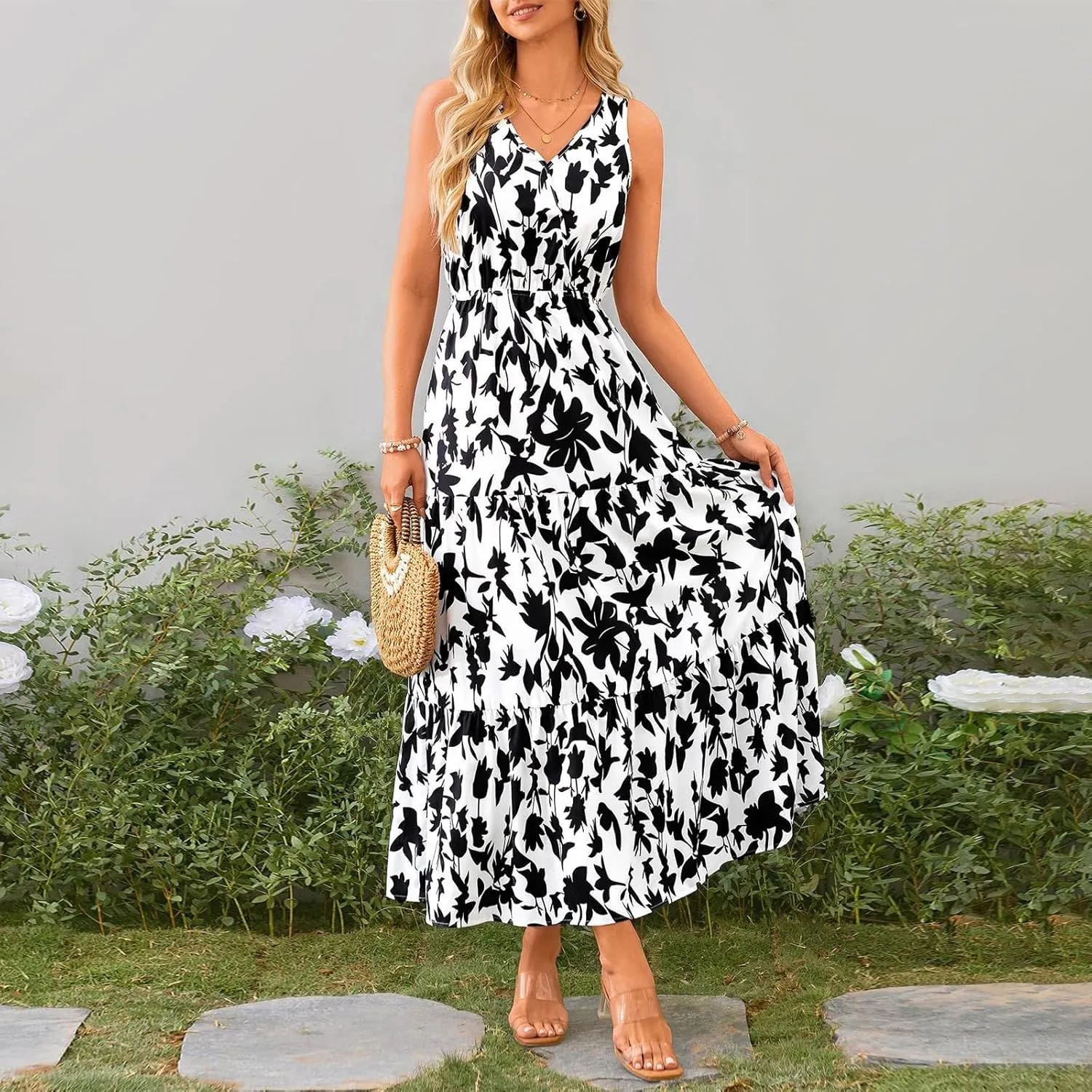 Floral Maxi Dresses for Women 2025 Flowy Sleeveless V Neck Wrap Dress Casual Summer Boho Beach Wedding Guest Dress