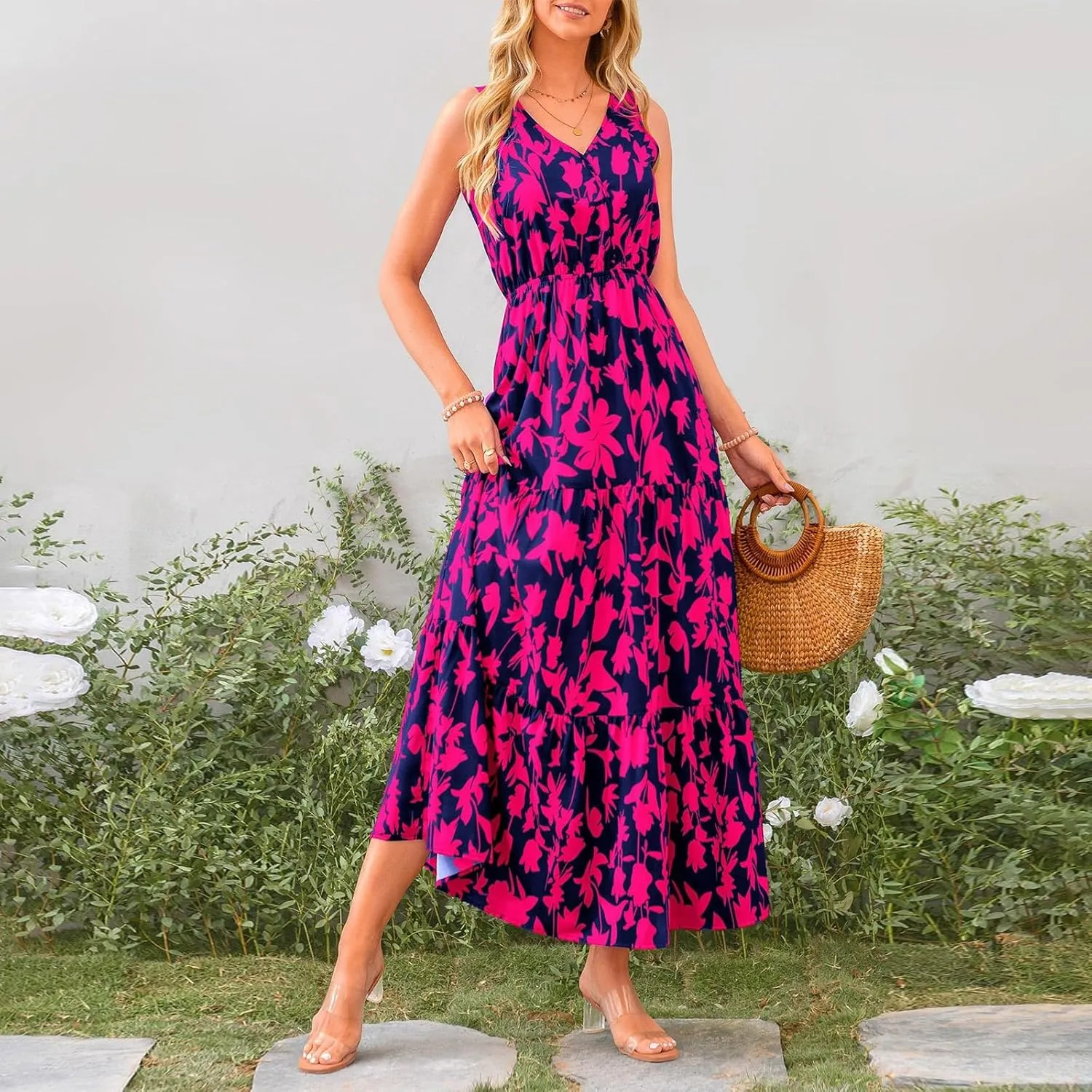 Floral Maxi Dresses for Women 2025 Flowy Sleeveless V Neck Wrap Dress Casual Summer Boho Beach Wedding Guest Dress