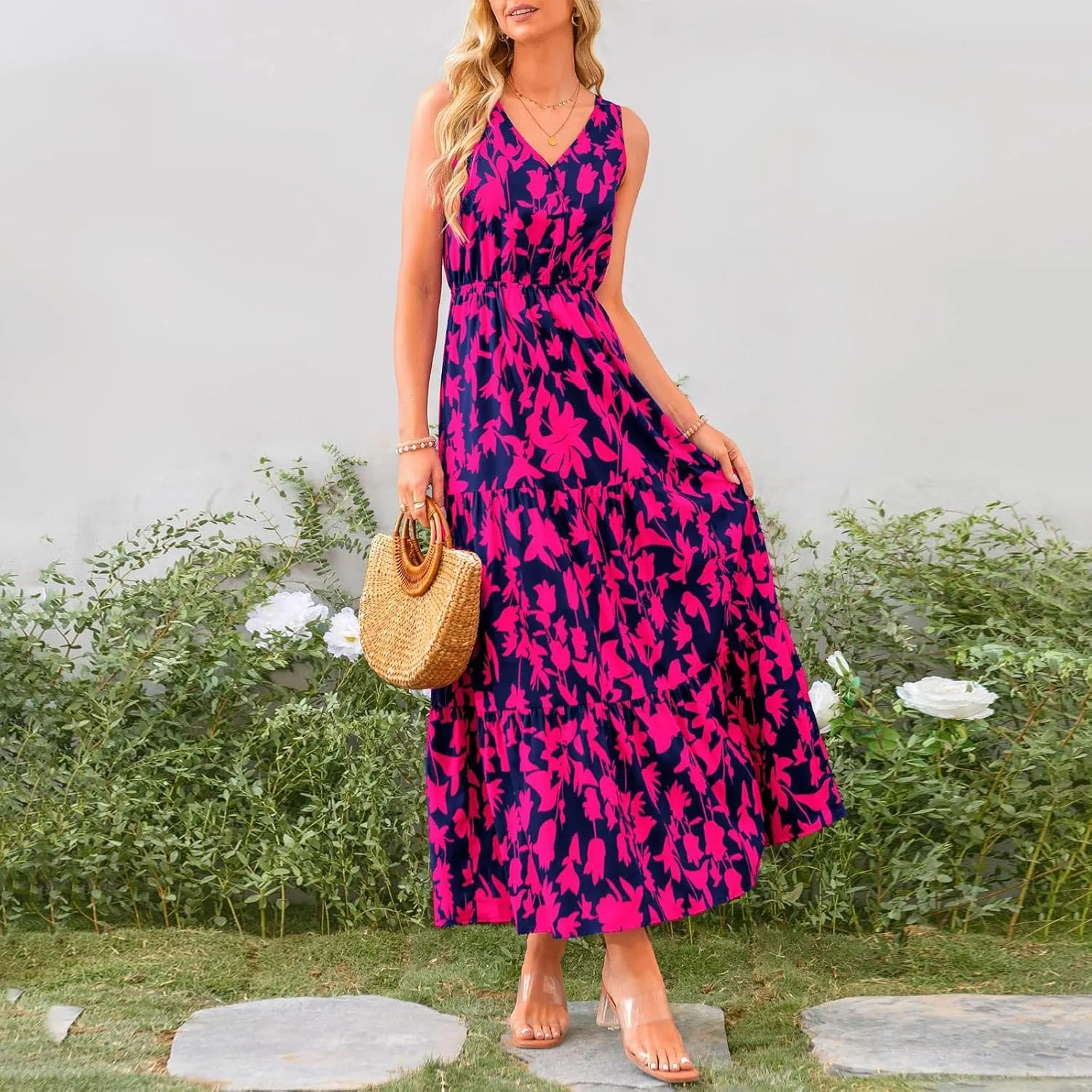 Floral Maxi Dresses for Women 2025 Flowy Sleeveless V Neck Wrap Dress Casual Summer Boho Beach Wedding Guest Dress