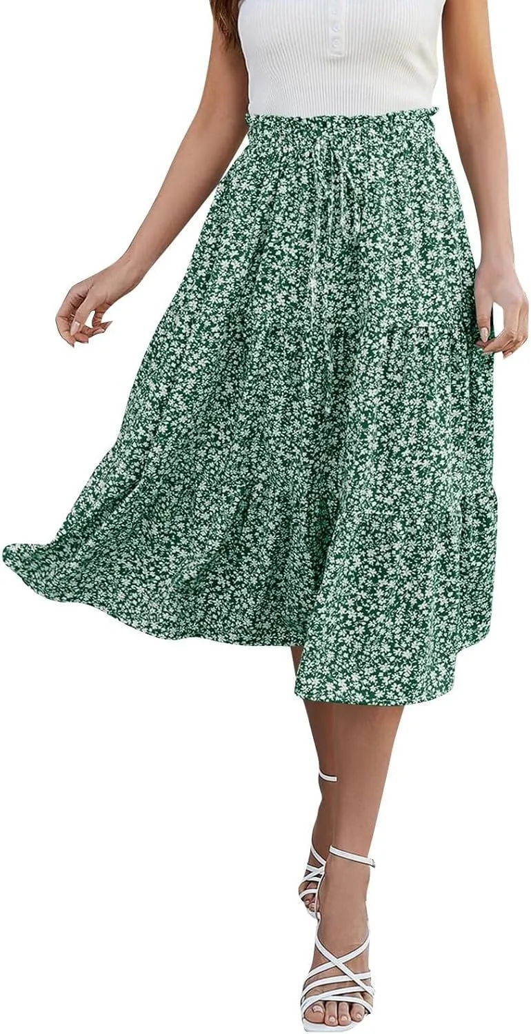 Floral Maxi Skirts for Women 2025 Summer Comfy Tiered Elastic High Waisted Vacation A-Line Flowy Swing Long Skirts
