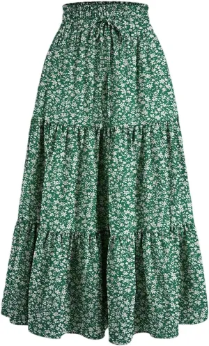 Floral Maxi Skirts for Women 2025 Summer Comfy Tiered Elastic High Waisted Vacation A-Line Flowy Swing Long Skirts