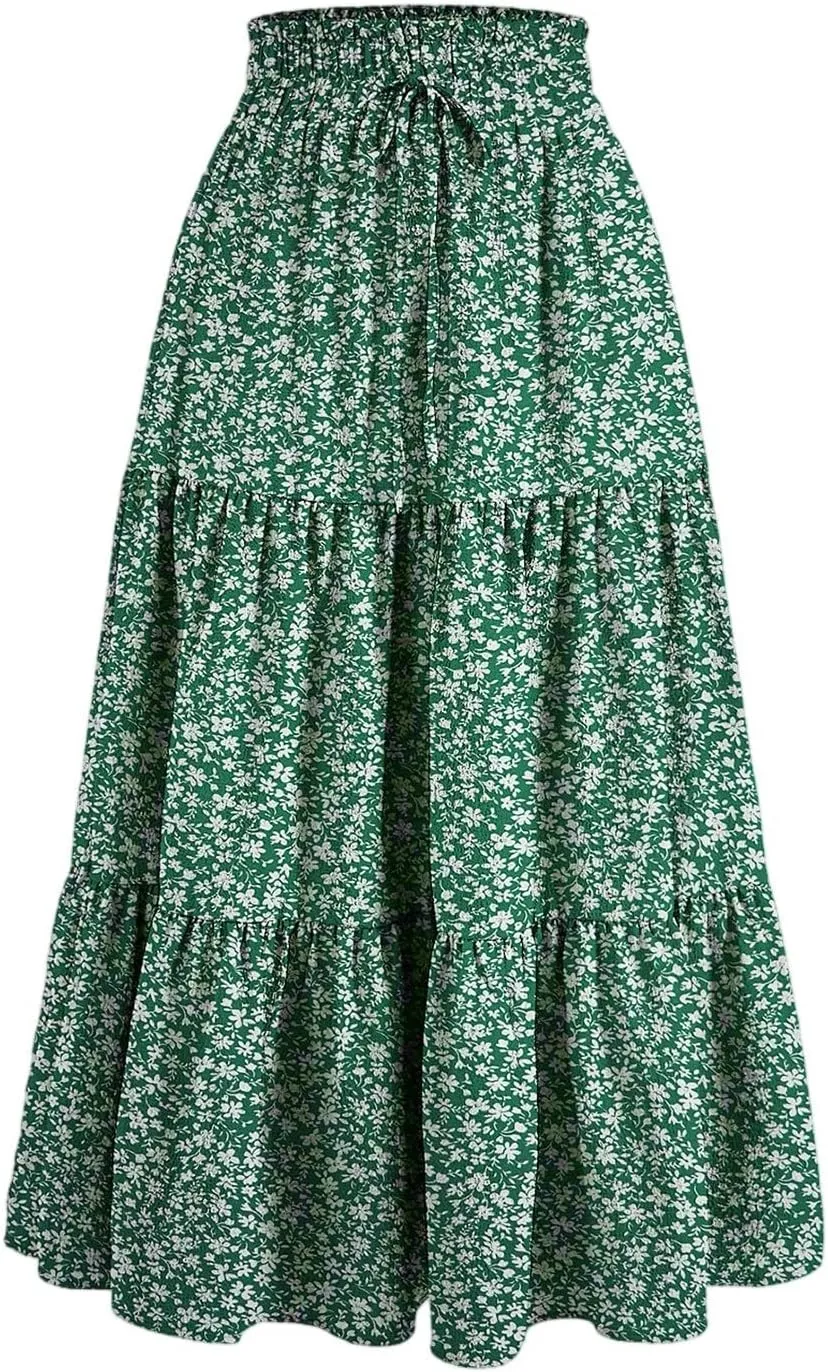 Floral Maxi Skirts for Women 2025 Summer Comfy Tiered Elastic High Waisted Vacation A-Line Flowy Swing Long Skirts