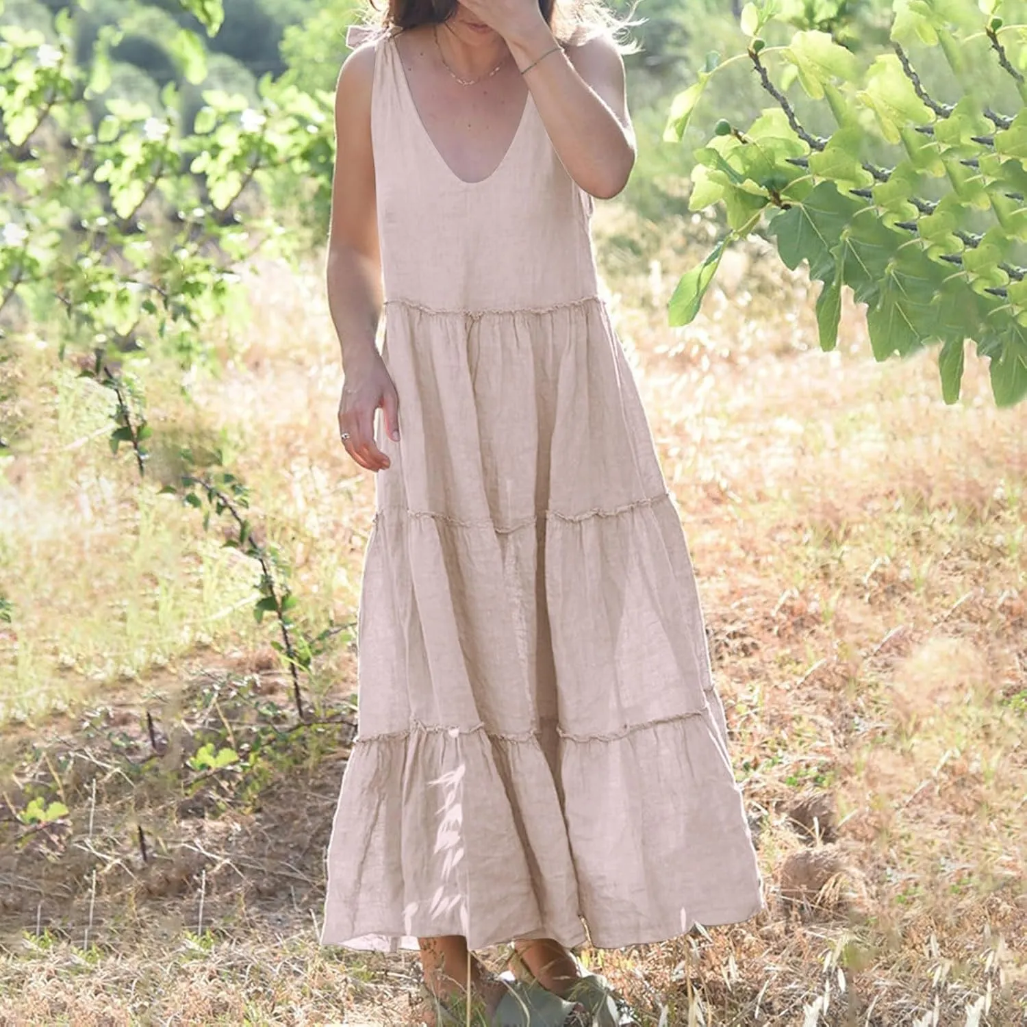 Flowy Linen Dress Women Beach Vacation Maxi Dresses Sundress Trendy Casual Sleeveless Tiered Dress Summer 2025
