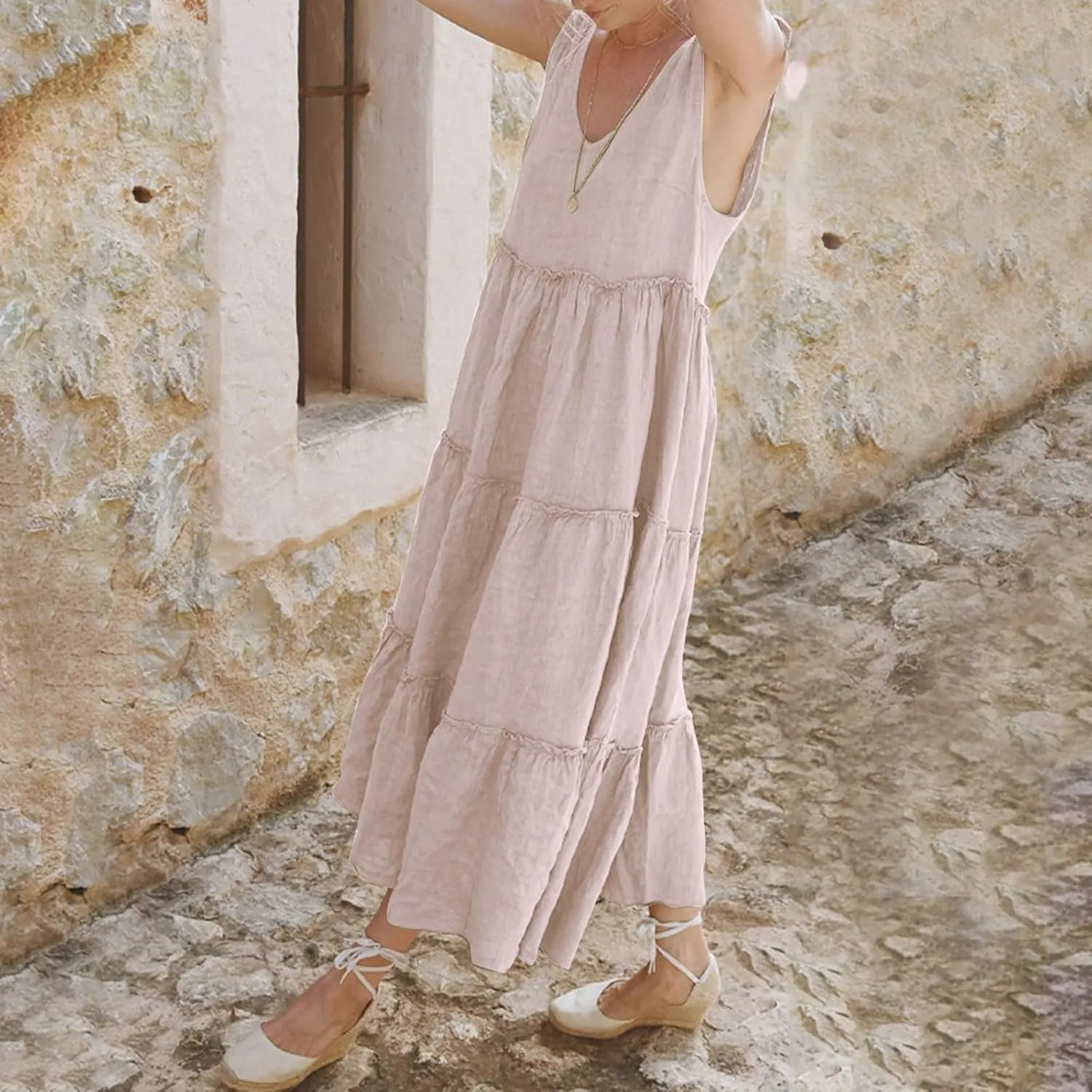Flowy Linen Dress Women Beach Vacation Maxi Dresses Sundress Trendy Casual Sleeveless Tiered Dress Summer 2025