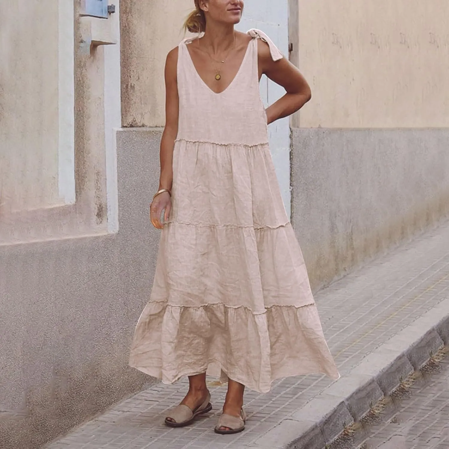 Flowy Linen Dress Women Beach Vacation Maxi Dresses Sundress Trendy Casual Sleeveless Tiered Dress Summer 2025