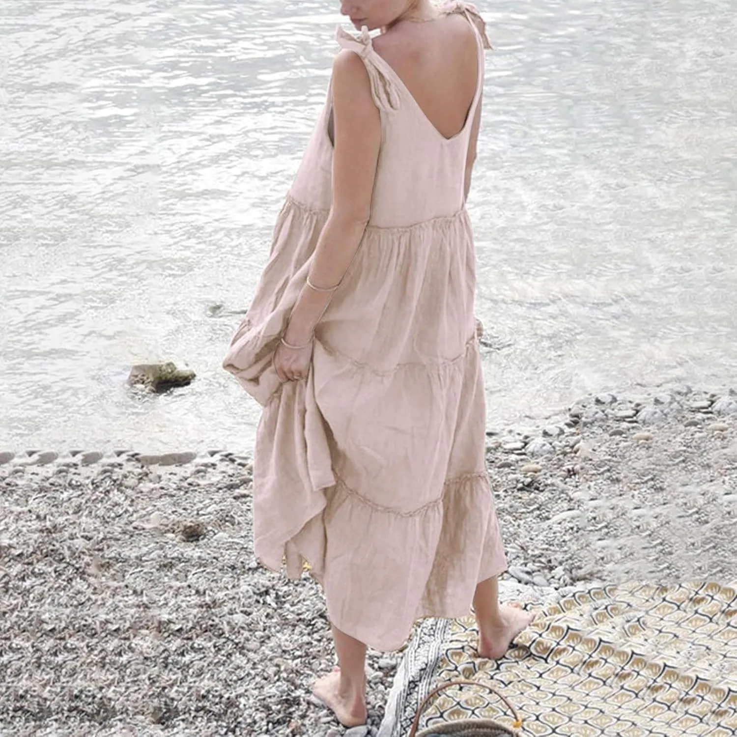 Flowy Linen Dress Women Beach Vacation Maxi Dresses Sundress Trendy Casual Sleeveless Tiered Dress Summer 2025