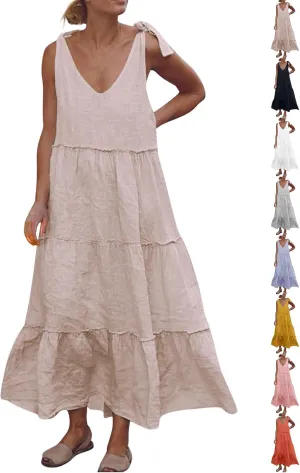 Flowy Linen Dress Women Beach Vacation Maxi Dresses Sundress Trendy Casual Sleeveless Tiered Dress Summer 2025
