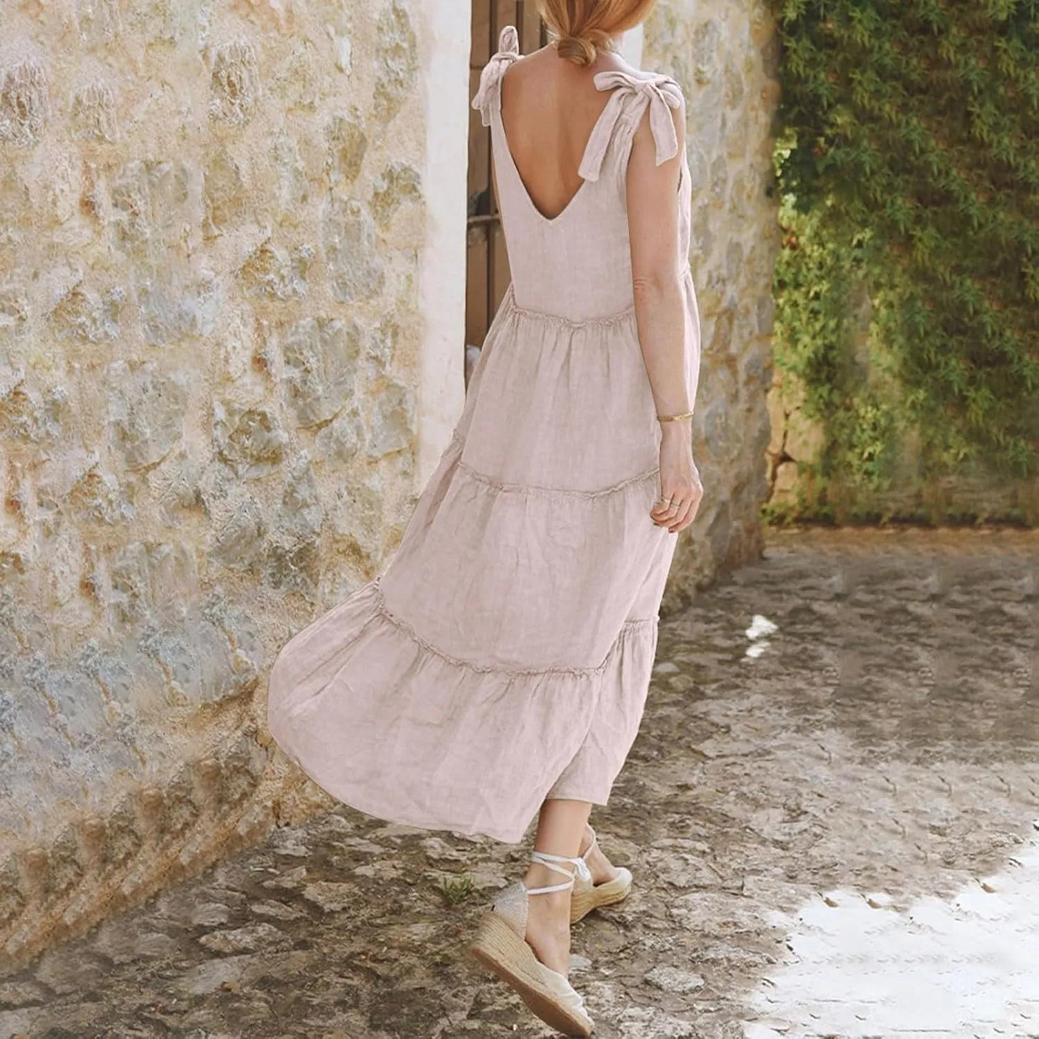 Flowy Linen Dress Women Beach Vacation Maxi Dresses Sundress Trendy Casual Sleeveless Tiered Dress Summer 2025