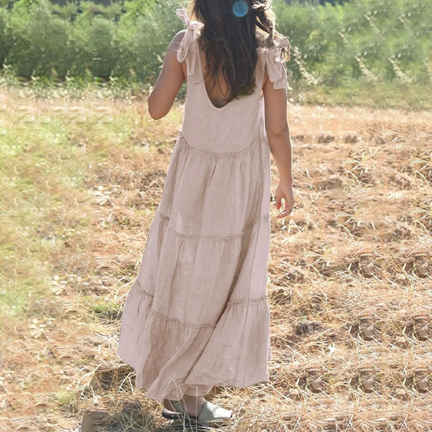 Flowy Linen Dress Women Beach Vacation Maxi Dresses Sundress Trendy Casual Sleeveless Tiered Dress Summer 2025