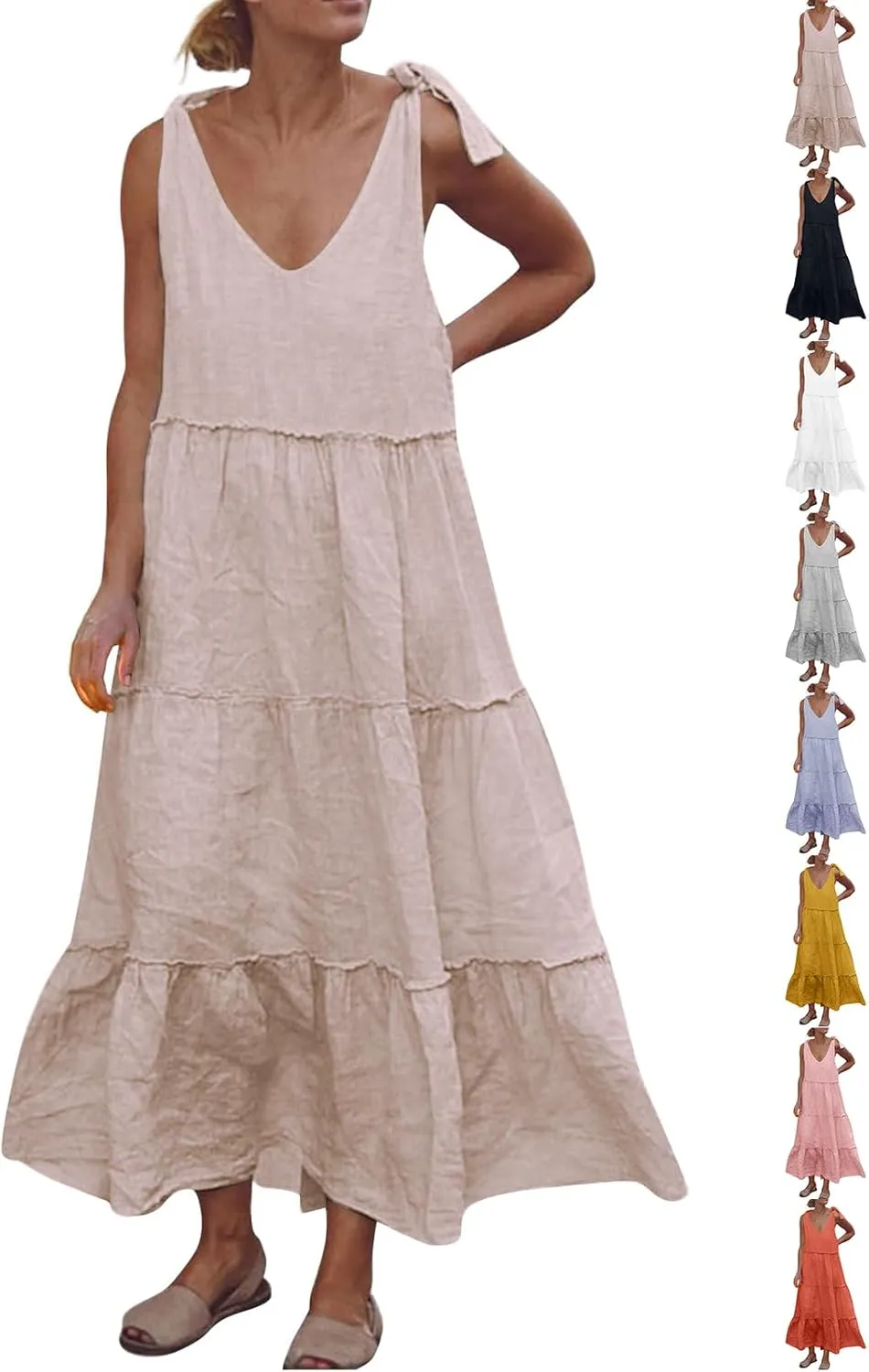 Flowy Linen Dress Women Beach Vacation Maxi Dresses Sundress Trendy Casual Sleeveless Tiered Dress Summer 2025