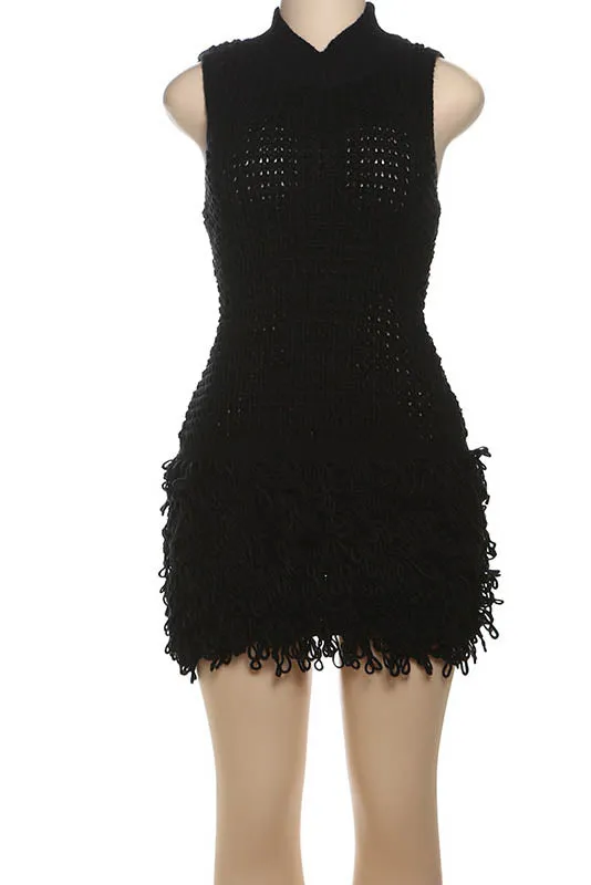 Fringe Cut-Out Slim-Fit Patchwork Dress