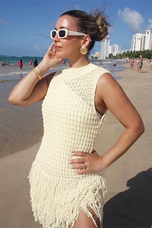 Fringe Cut-Out Slim-Fit Patchwork Dress