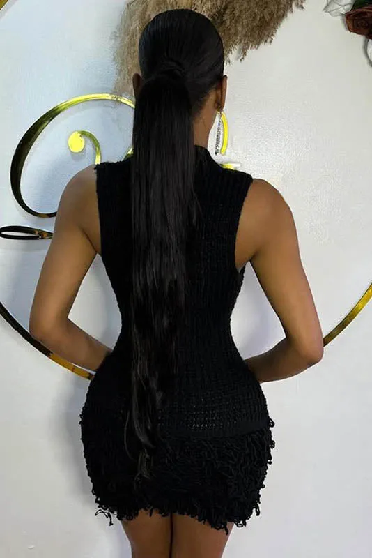 Fringe Cut-Out Slim-Fit Patchwork Dress