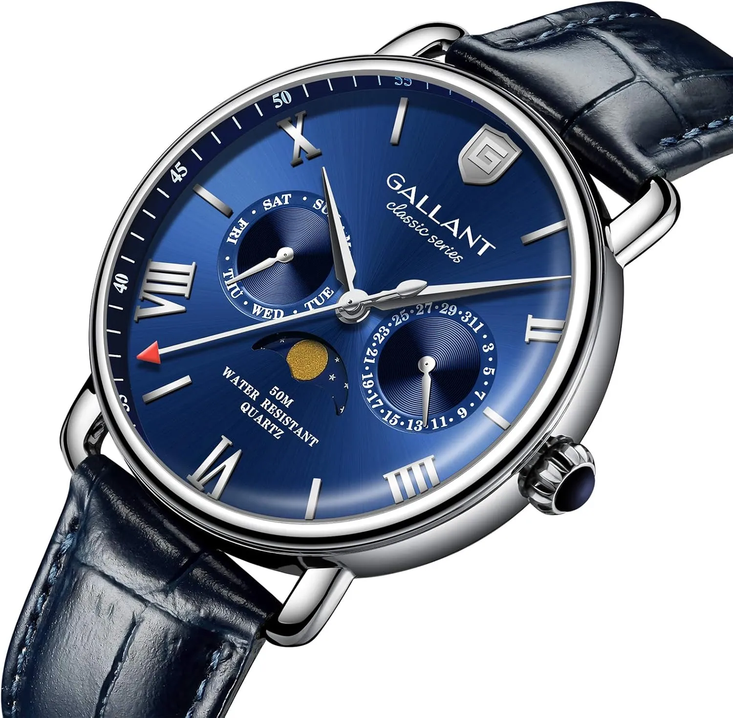 G GALLANT Quartz Men's Watch Luxury Wristwatch Moon Phase Day Date Calendar Leather Strap 5ATM Waterproof Dress Watches for Men Classic Casual Business Gift