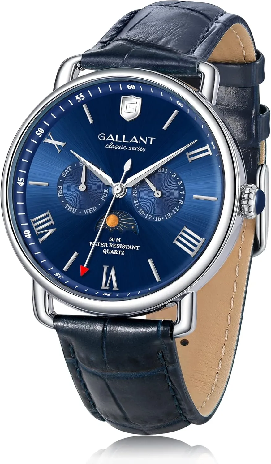 G GALLANT Quartz Men's Watch Luxury Wristwatch Moon Phase Day Date Calendar Leather Strap 5ATM Waterproof Dress Watches for Men Classic Casual Business Gift
