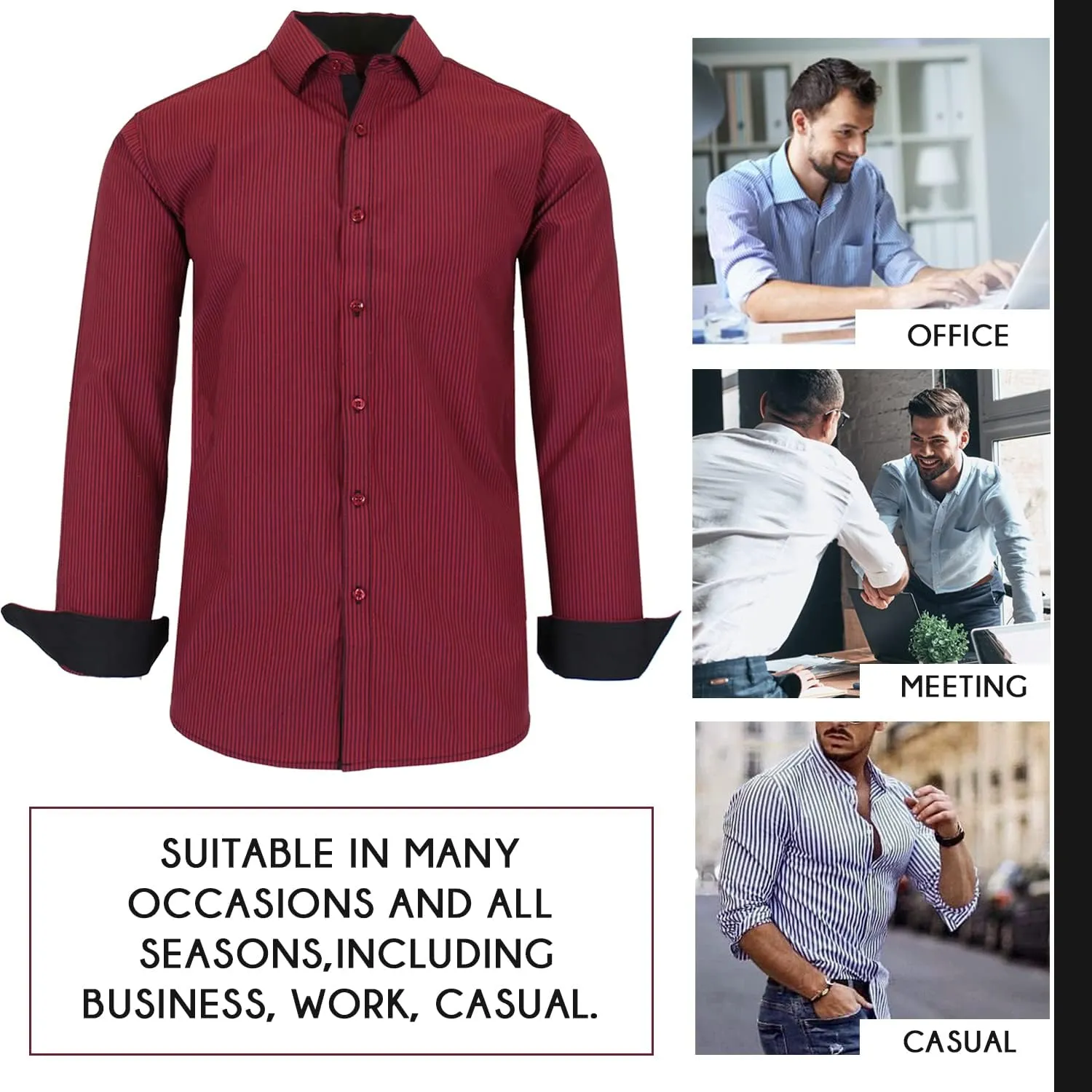 Galaxy by Harvic Men's Long Sleeve Pinstripe Dress Shirt, Cotton Polyester Slim Fit Shirt for Business Casual Outdoors(S-3XL)