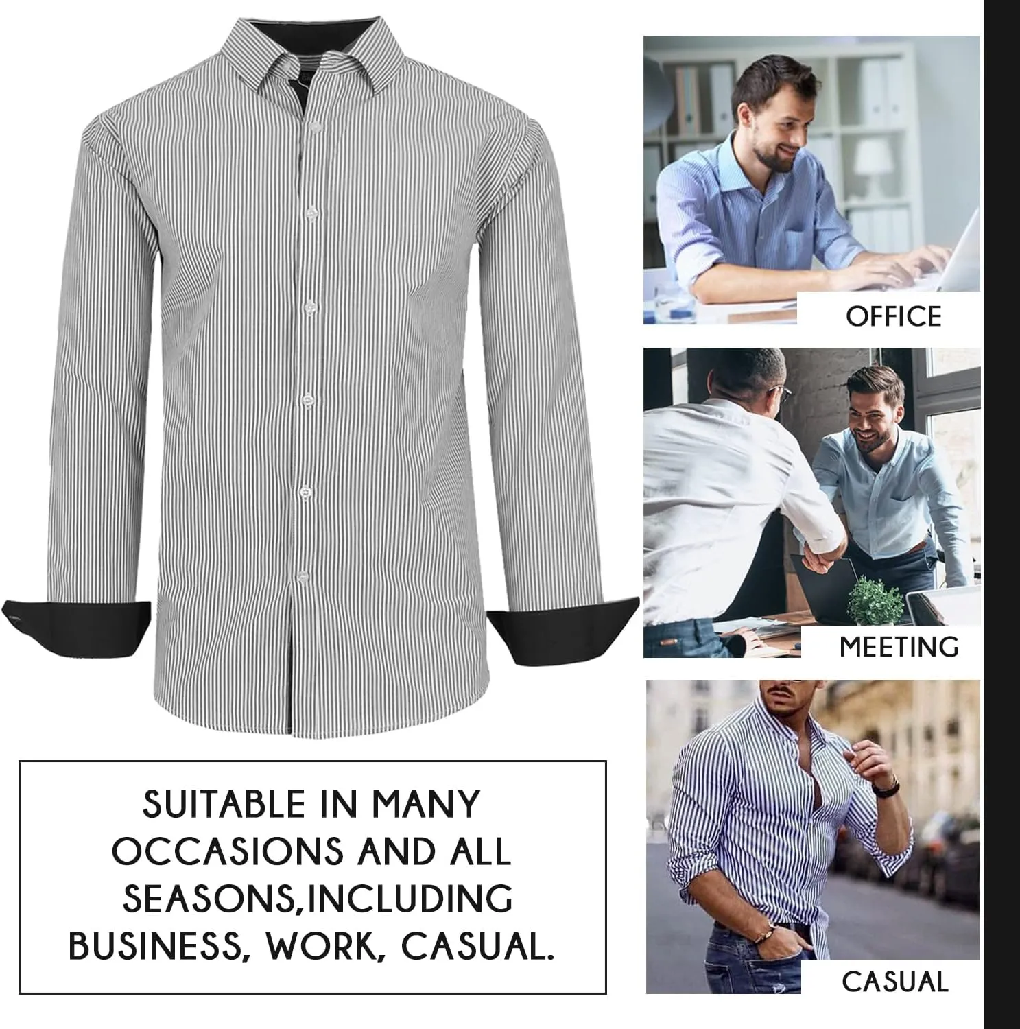 Galaxy by Harvic Men's Long Sleeve Pinstripe Dress Shirt, Cotton Polyester Slim Fit Shirt for Business Casual Outdoors(S-3XL)