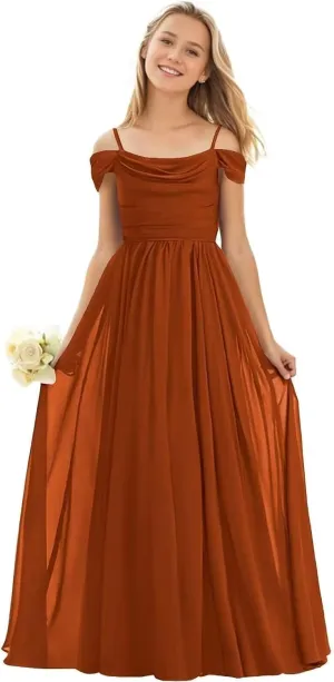 GATMAHE Chiffon Junior Bridesmaid Dresses for Wedding Teen Girls Ruffle Spaghetti Strap Long Formal Prom Dress