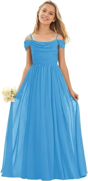 GATMAHE Chiffon Junior Bridesmaid Dresses for Wedding Teen Girls Ruffle Spaghetti Strap Long Formal Prom Dress