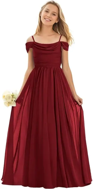 GATMAHE Chiffon Junior Bridesmaid Dresses for Wedding Teen Girls Ruffle Spaghetti Strap Long Formal Prom Dress