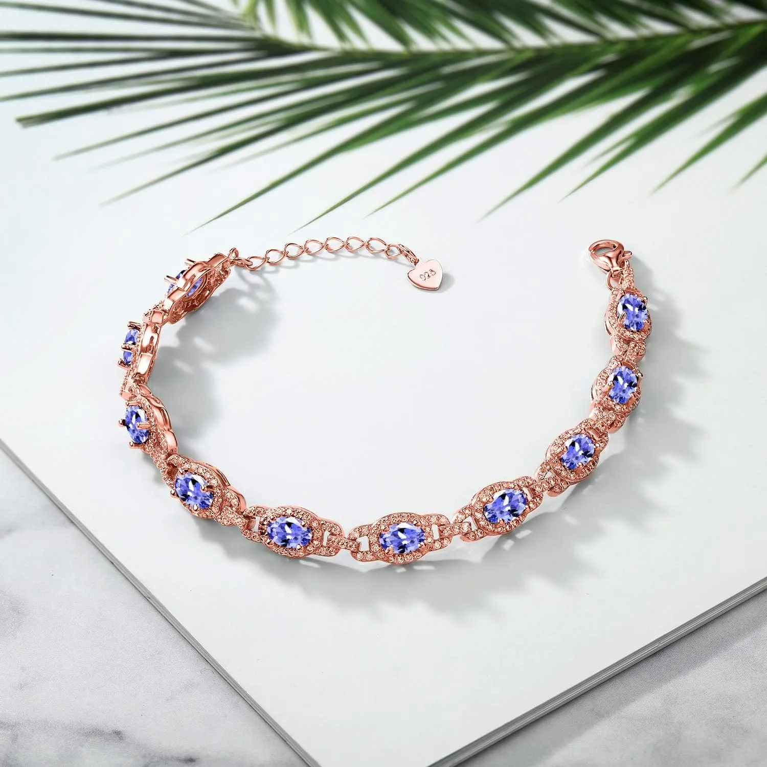 Gem Stone King 18K Rose Gold Plated Silver Oval Gemstone Birthstone Tennis Bracelet For Women | Oval 6X4MM | 7 Inch With 1 Inch Extender | Fine Jewelry Gifts for Her Mom Women Wife