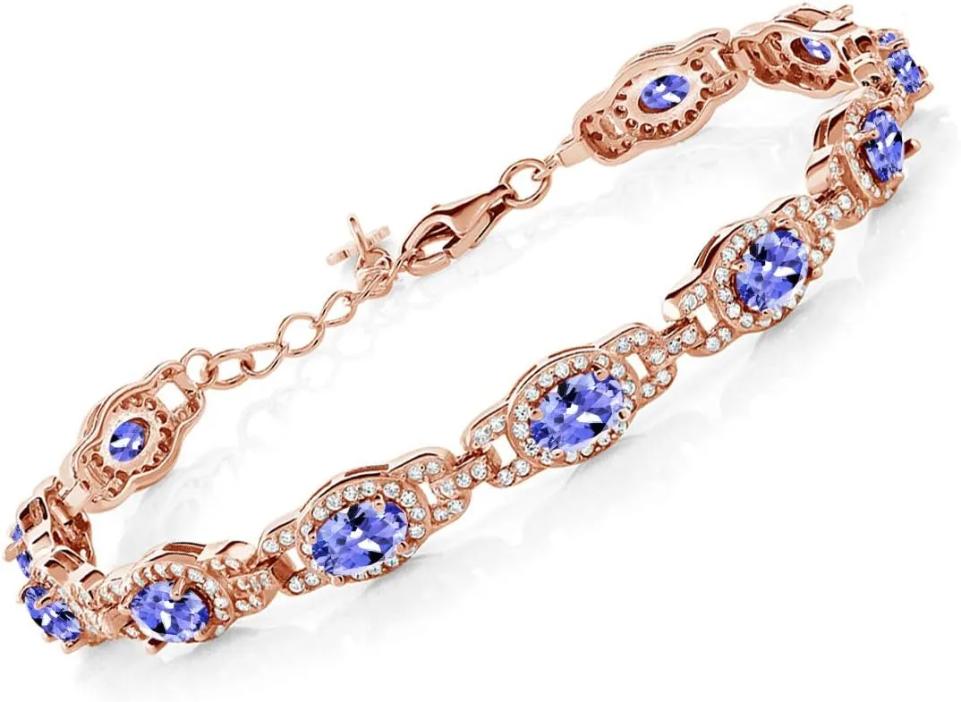Gem Stone King 18K Rose Gold Plated Silver Oval Gemstone Birthstone Tennis Bracelet For Women | Oval 6X4MM | 7 Inch With 1 Inch Extender | Fine Jewelry Gifts for Her Mom Women Wife