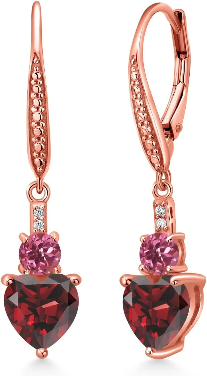 Gem Stone King 18K Rose Gold Plated Silver Red Garnet Pink Tourmaline and White Lab Grown Diamond Drop Dangle Earrings For Women (3.13 Cttw, Heart Shape 7MM, Round 4MM)