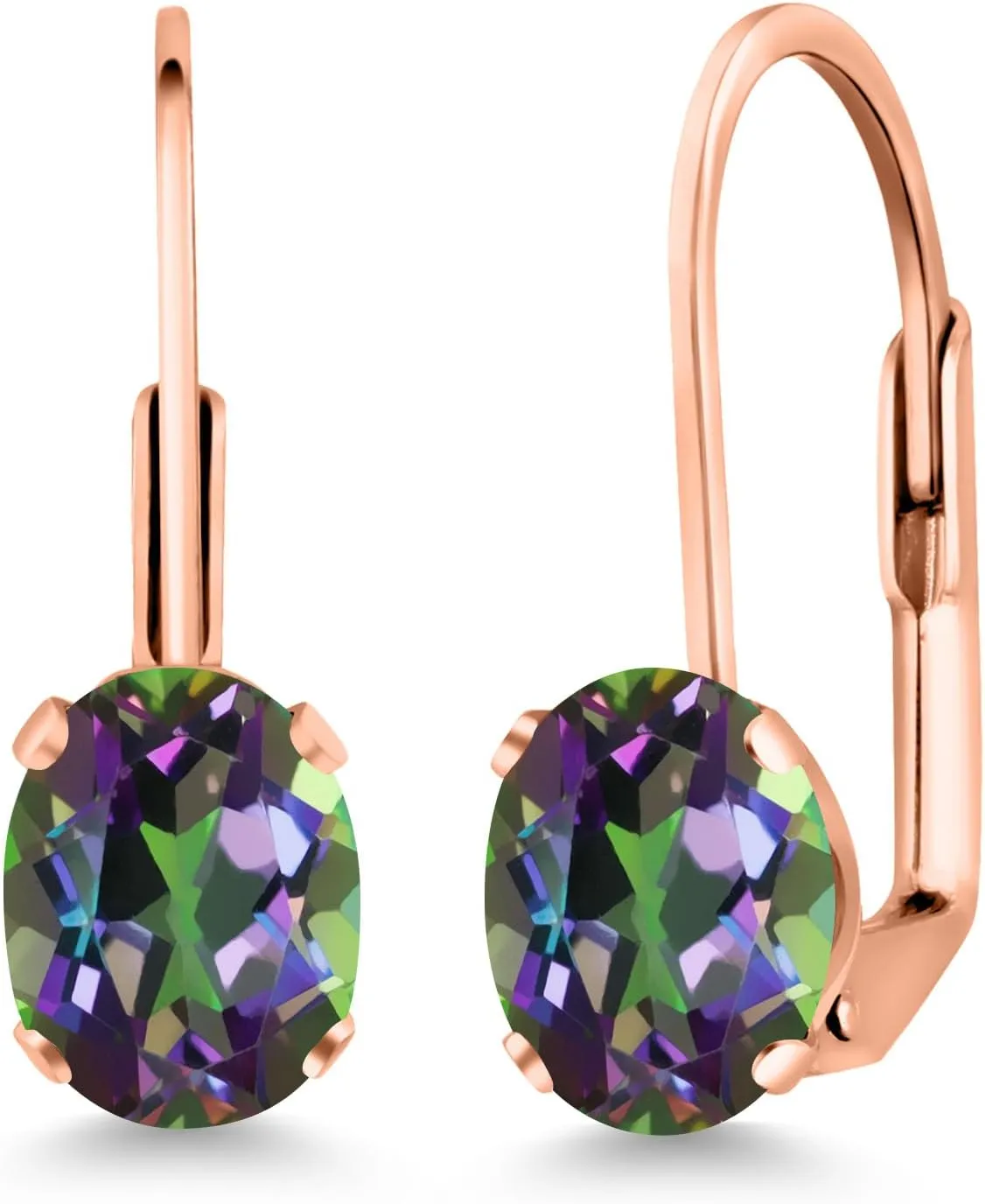 Gem Stone King Green Mystic Topaz Rose Gold Plated Leverback Earrings For Women (2.00 Cttw, Gemstone Birthstone, Oval 7X5MM)
