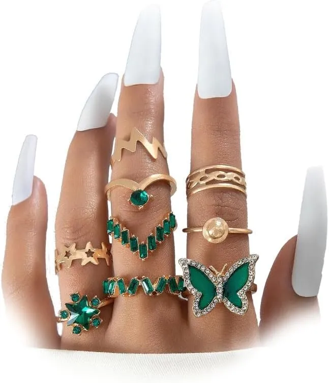 GIGB PBDK Vintage Knuckle Rings Set for Women Chunky Gold Crystal Stackable Joint Finger Rings Fashion Boho Butterfly Rings Pack Jewelry Gifts