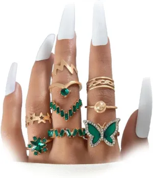 GIGB PBDK Vintage Knuckle Rings Set for Women Chunky Gold Crystal Stackable Joint Finger Rings Fashion Boho Butterfly Rings Pack Jewelry Gifts