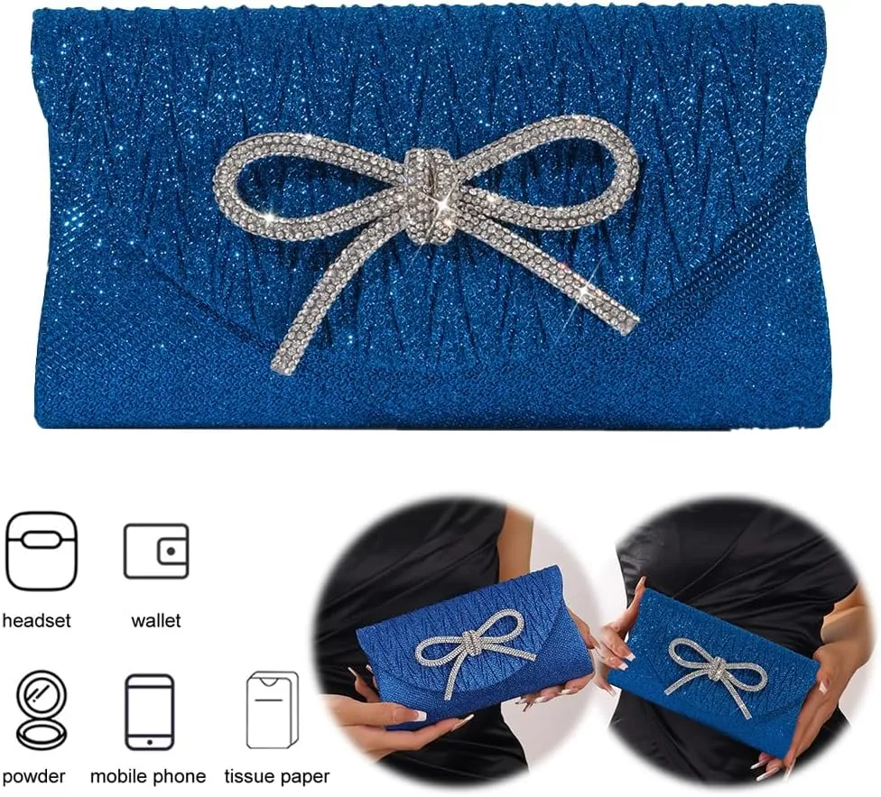Glitter Clutch Bags for Women Bows Formal Handbag Satin Rhinestone Satchel Purse Wedding Party Prom Purse